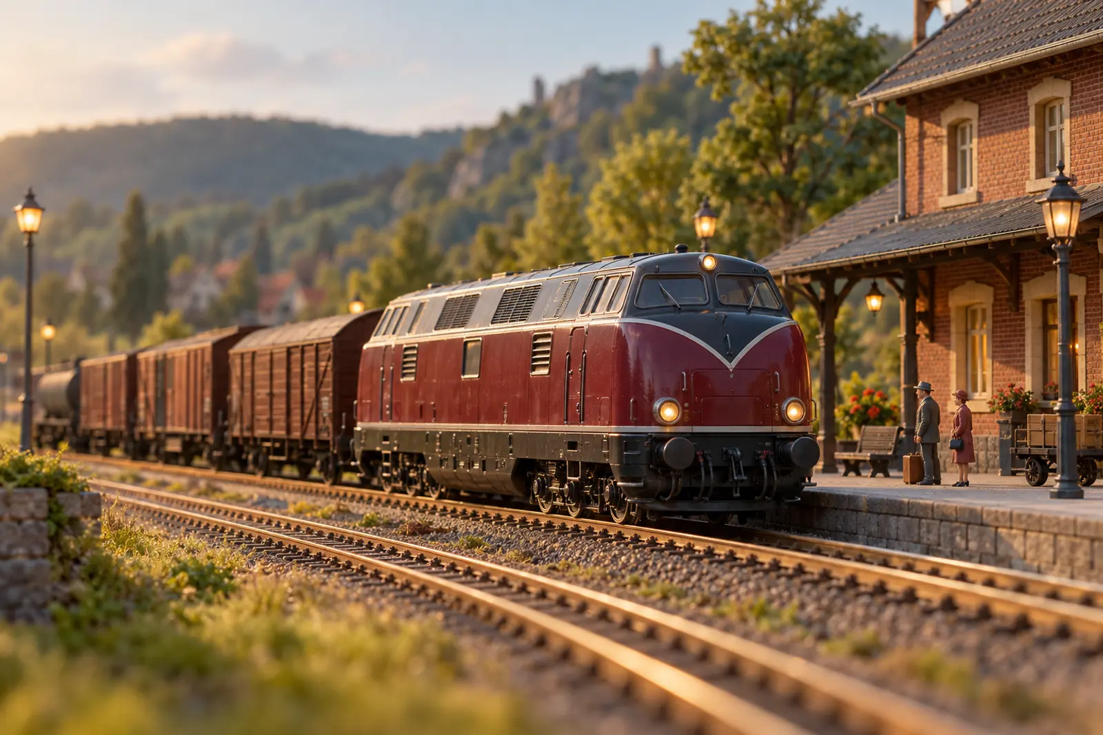 Modelspoorbaan met een rode diesellocomotief bij een klein station