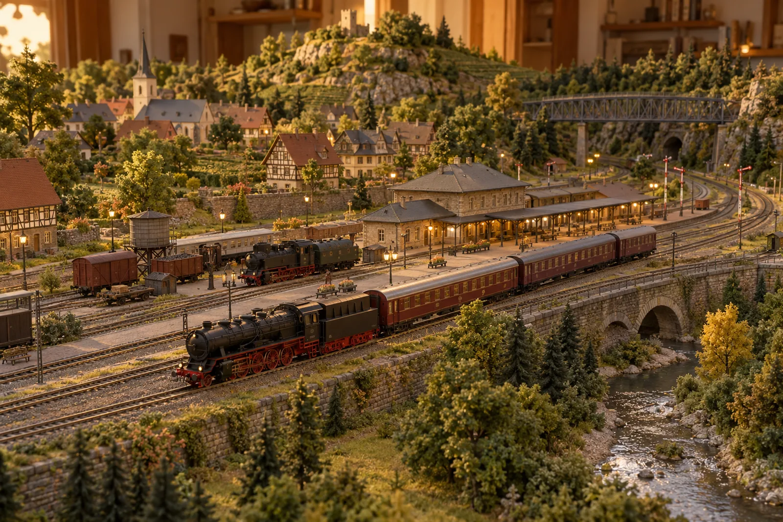 Een grote modelspoorbaan met station, dorp en brug